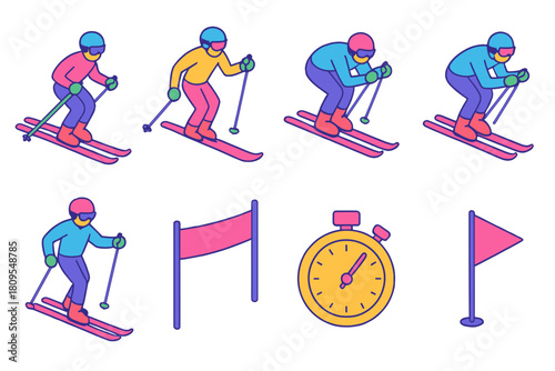 Ski Technique Icons. Ski Technique flat icons set. gliding skier, uphill stride, downhill tuck, pole push, balance stance, finish line, stopwatch, flag