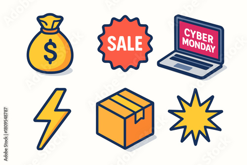 Cyber Monday Icons. Cyber Monday Deal Frenzy flat icons set. money bag, sale sticker, laptop screen, flash icon, package, starburst