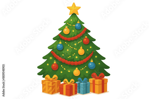 Festive Christmas Tree. Christmas tree adorned with ornaments, twinkling lights, and a shining star at the top. The tree is decorated with baubles and tinsel,. Vector illustration