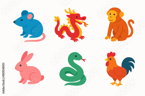 Celestial Animals Set. Lunar New Year Celestial Animals flat icons set. rat, dragon, monkey, rabbit, snake, rooster