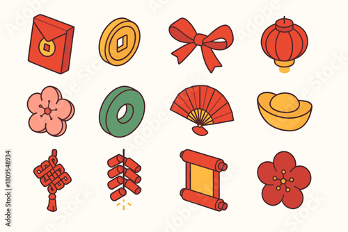 Chinese New Year Icons. Chinese New Year Lucky Red Envelopes flat icons set. red envelope, golden coin, silk ribbon, lantern glow, cherry blossom, jade ornament, paper fan, ingot