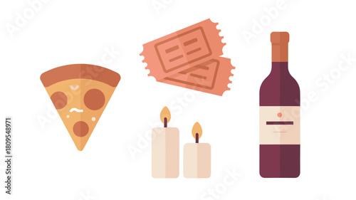 A delightful arrangement of pizza, tickets, candles and a bottle of wine.