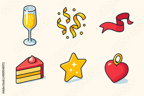 Elegant Celebration Icons. Elegant Toast flat icons set. crystal flute, golden confetti, silk ribbon, cake slice, glitter star, heart charm
