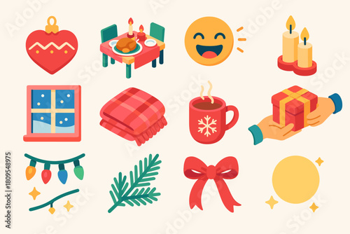 Isometric Festive Icons. Holiday Love & Togetherness flat icons set. heart ornament, Christmas dinner table, laughter, candle pair, snow outside window, cozy blanket, cocoa mug
