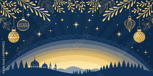Vector christmas festive holiday scene with ornaments, branches, stars, and a cityscape silhouette at twilight