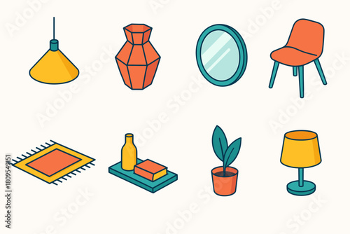 Modern Interior Icons. Modern Interior Accents flat icons set. pendant lamp, geometric vase, mirror, chair, rug, shelf decor, plant, table lamp