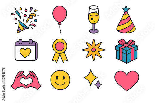 Party Celebration Icons. Celebration of Clients flat icons set. confetti, balloon, champagne glass, party hat, calendar, ribbon, starburst, gift, thank-you banner, heart hands