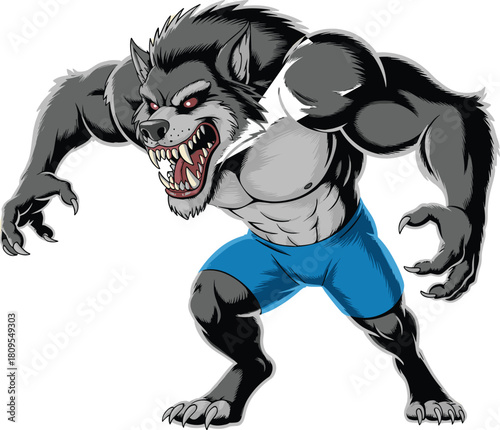Aggressive cartoon werewolf in blue shorts — black and gray fur, red glowing eyes, claws, and fangs in combat-ready stance