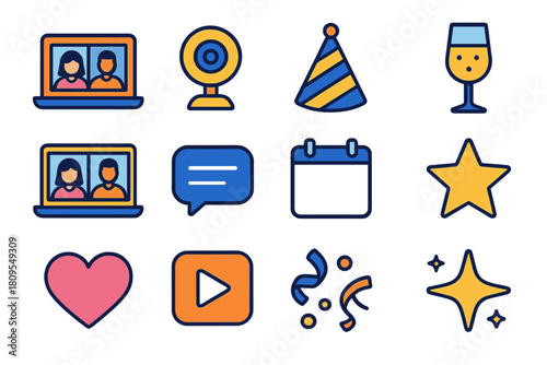 Virtual Party Icons. Online Celebration flat icons set. laptop, webcam, party hat, champagne glass, confetti, screen with friends, message bubble, calendar, star, heart, video icon