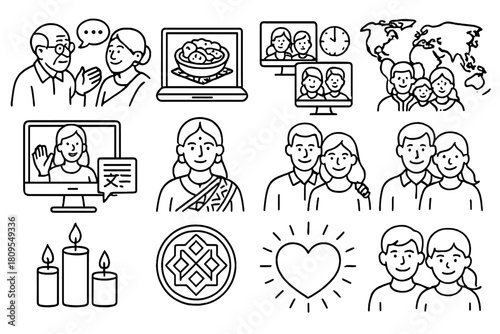 Global Family Tales. Cultural Connection linear icon set. grandparents sharing stories, traditional dishes on screen, family in different time zones, world map backdrop, translated