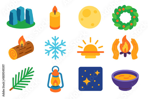 Winter Solstice Icons. Winter solstice rituals icons flat icons set. standing stones, burning candle, full moon, evergreen wreath, yule log, snowflake, sunrise horizon, hands