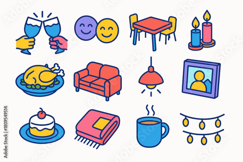 Cozy Gathering Icons. Friends Gathering flat icons set. clinking glasses, laughter, dining table, candles, shared meal, cozy sofa, warm lights, photo frame, dessert plate, blanket
