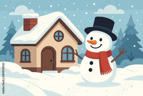 Cheerful Snowman Delight. Cheerful snowman with a black top hat and a red scarf stands proudly beside the house. Its button eyes and bright smile add a playful touch. Vector illustration