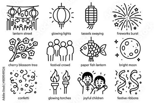 Lantern Festival Night. Chinese New Year Lantern Night linear icon set. lantern street, glowing lights, tassels swaying, fireworks burst, cherry blossom tree, festival crowd, paper