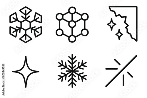 Hexagonal Snowflake Icons. Frozen Geometry linear icon set. hexagonal flake, crystal lattice, frosty edge, shimmer line, snow crystal, light beam