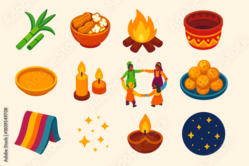 Lohri Celebration Icons. Lohri Festive Offerings flat icons set. sugarcane stalk, peanuts and popcorn, roaring bonfire, decorated basket, brass plate, glowing candles, villagers in