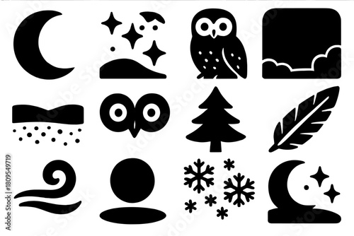 Nocturnal Snow Owl Icons. Nocturnal Snow Owls silhouette icon set. moon, stars, perched owl, dark sky, snowy field, glowing eyes, pine silhouette, owl feather, breeze swirl, shadow