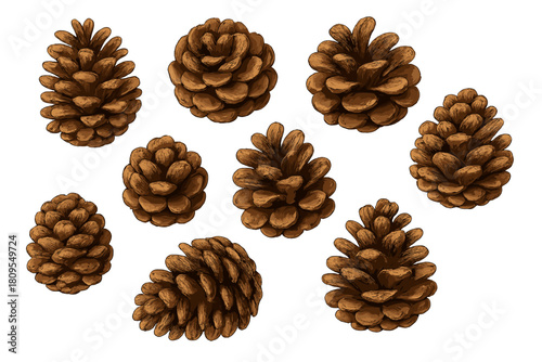 Pinecone Icon Set. Set of pinecone icons with detailed textures, each one showcasing natural variations in size and shape. The pinecones are displayed in a random. Vector illustration