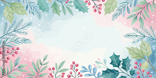 Vector christmas watercolor winter foliage frame with holly leaves, berries, and pine branches creating a festive border