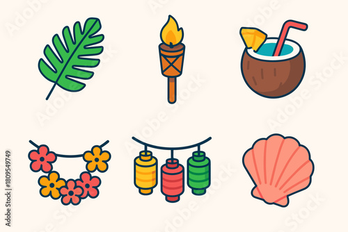 Tropical Party Icons. Tropical Party flat icons set. palm leaf, tiki torch, coconut drink, flower garland, lantern string, seashell