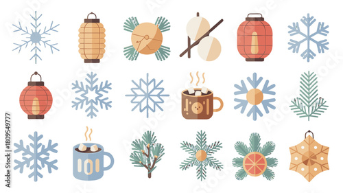 Festive winter elements and holiday decorations.
