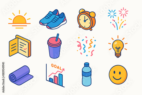 New Year Icons. New Year Energy flat icons set. sunrise, running shoes, clock, fireworks, open planner, smoothie cup, confetti, lightbulb, yoga mat, goal chart, water bottle