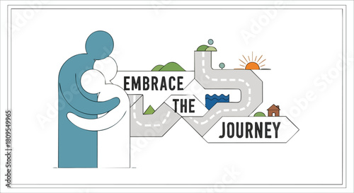 Illustration depicting a parent holding a child, symbolizing the winding path of life's journey with its ups and downs ahead