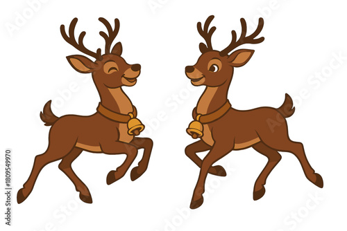 Joyful Reindeer Icons. Pair of reindeer icons, prancing joyfully with bells around their necks. Their playful expressions and graceful poses suggest a magical. Vector illustration