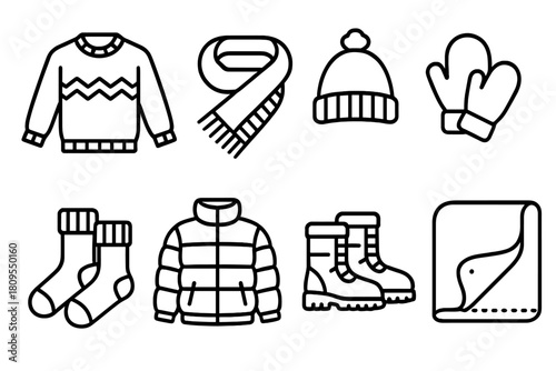 Winter Wardrobe Icons. Warm Clothing Essentials linear icon set. wool sweater, knitted scarf, winter hat, mittens, thick socks, puffer jacket, snow boots, cozy blanket