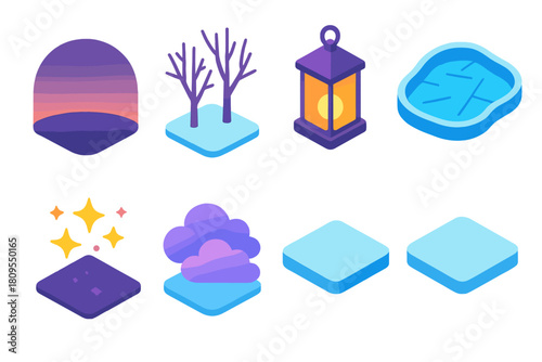 Frosty Evening Icons. Evening Frost flat icons set. dusky sky, snowy horizon, bare trees, glowing lantern, frozen lake, twilight stars, soft clouds, frosted ground