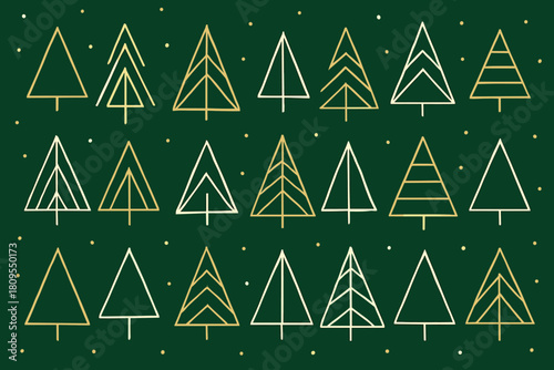 Geometric Christmas Trees. Array of minimalist Christmas trees crafted in a geometric style, featuring simplistic triangular shapes and line patterns. The background. Vector illustration