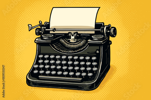 Classic Typewriter Nostalgia. Classic typewriter with visible keys and paper emerging from the top sits in the foreground. The yellow halftone background adds depth. Vector illustration