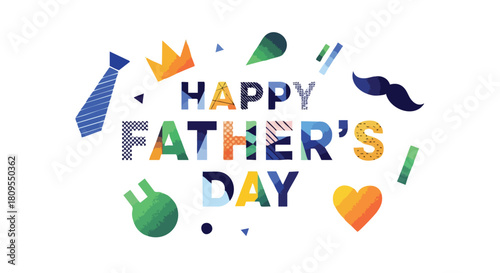 Festive colorful design featuring 'Happy Father's Day' text, adorned with playful graphics for a celebratory greeting card or banner
