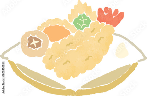 天ぷら皿に盛り付けた海老天の手描き風イラスト