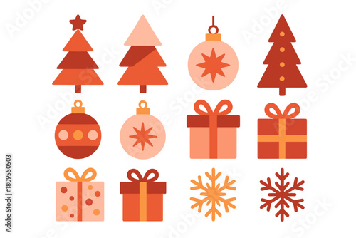 Modern Christmas Icons. Set of icons celebrating the Christmas spirit: stylized trees, ornaments, gift boxes, and snowflakes. Each icon is crafted with geometric. Vector illustration