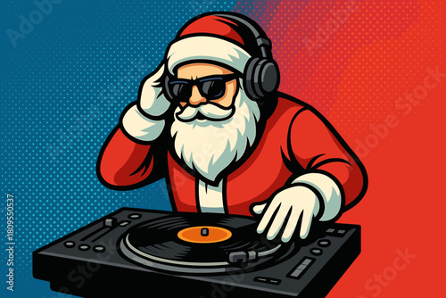 DJ Santa Spinning Records. Santa Claus is depicted as a DJ, wearing sunglasses and headphones, spinning records on a turntable. The background features a vibrant. Vector illustration