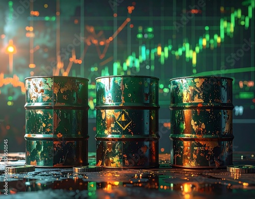 Three weathered, metal barrels sit before an illuminated chart. The scene has a glowing, slightly industrial feel