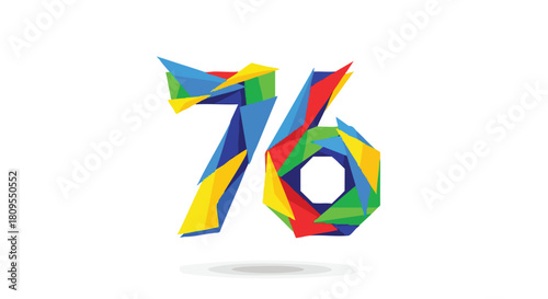 Vibrant polygonal number seventy-six design, a colorful and modern graphic illustration featuring geometric shapes forming the number symbol on a