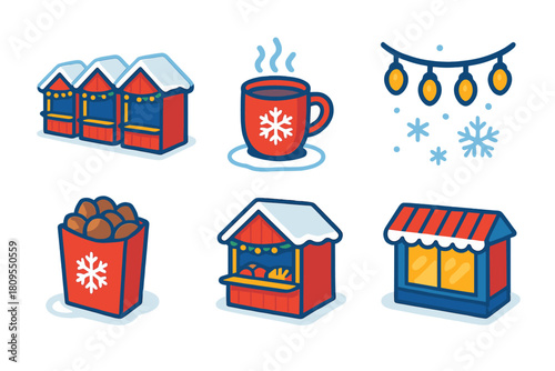 Vibrant Winter Market Icons. Winter Market Streets flat icons set. wooden booth row, steaming drink, string lights overhead, snowflakes, roasted nuts bag, festive garlands, bakery