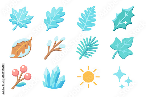 Winter Foliage Icons. Winter Foliage flat icons set. frozen maple leaf, icy oak leaf, frost-covered fern, sparkling holly leaf, curled brown leaf with frost, snow-dusted branch