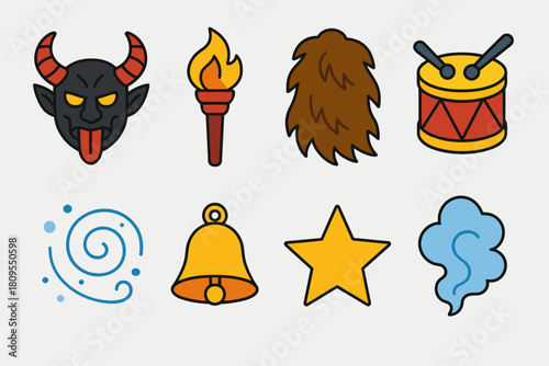 Winter Krampus Icons. Winter Krampus Procession flat icons set. horned mask, torch glow, fur pelt, drum, snow swirl, bell, star, smoke
