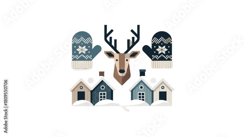A winter scene illustration featuring a deer with mittens and houses.