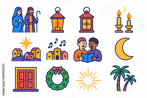 Posadas Icon Set. Posadas Procession flat icons set. Mary, Joseph, lanterns, candle holders, village street, star above, singing figures, wreath, house doors, light glow, palm