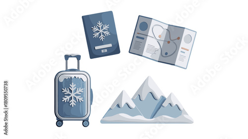 Preparing for a snowy adventure with a passport, suitcase, and a detailed map.