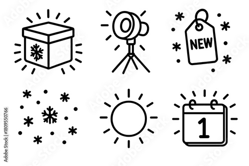 Cool Brand Icons. Cool Brand Launch linear icon set. frosty box, spotlight, tag, snowflake confetti, glow, calendar date