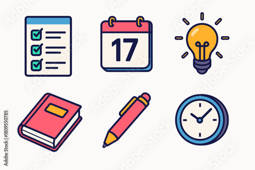 Isometric Focused Icons. Focused Mindset flat icons set. checklist, calendar page, glowing bulb, book, pen, clock