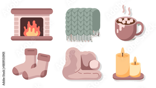 A collection of cozy winter items, evoking warmth and comfort.