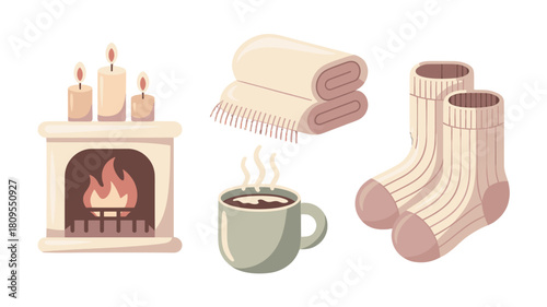 Cozy scene with a fireplace, candles, a blanket, socks, and a cup of hot drink.