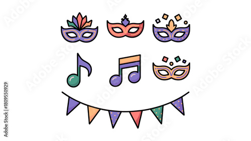 Carnival Mask Collection with musical notes and decorative flags. 
