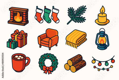 Cozy Christmas Elements. Christmas Cozy Fireplace flat icons set. roaring fire, hanging stockings, pine branch, candle flame, wrapped presents, cozy armchair, wool blanket, lantern